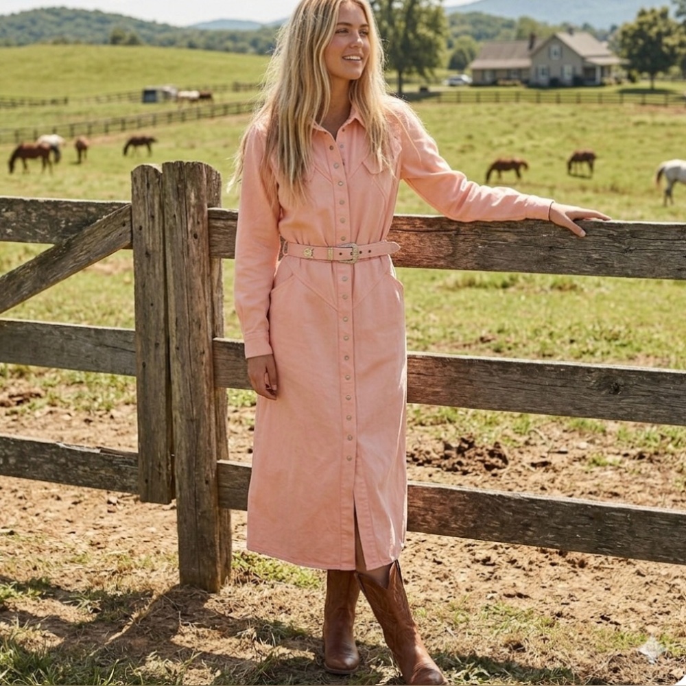 Vintage 80s pink denim western dress with belt